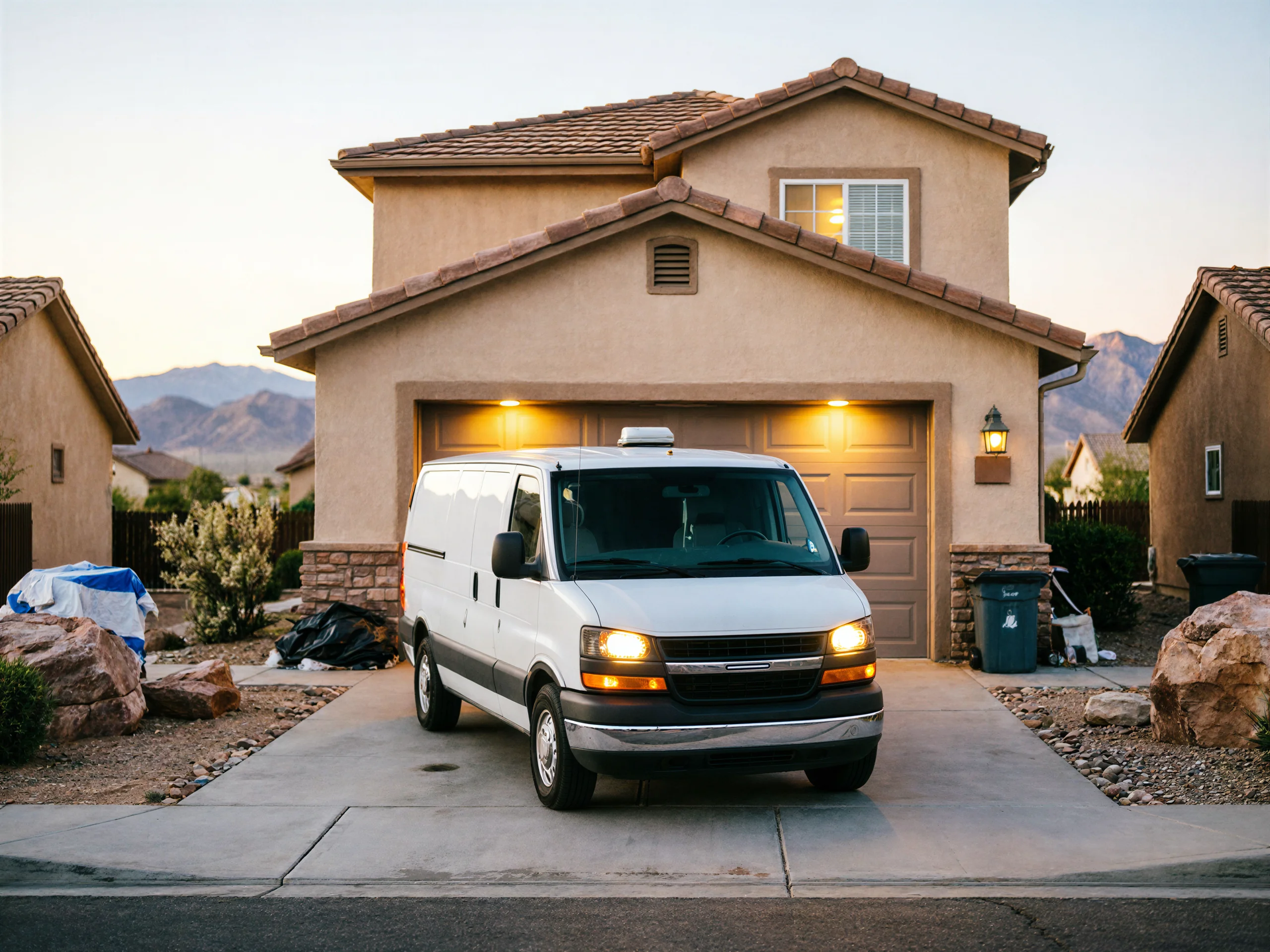 A white service van is parked in a driveway in front of a house.