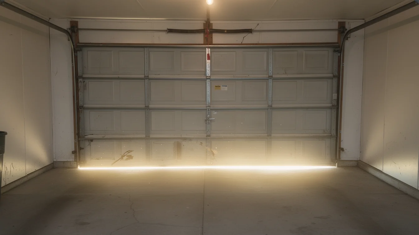 A closed garage door has a broken torsion spring and light shining underneath.