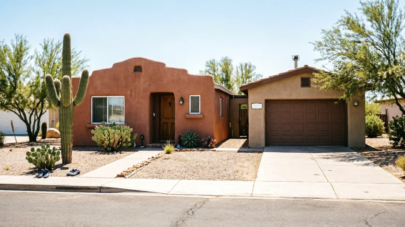 A brown garage door is on a tan house with a red house next to it.