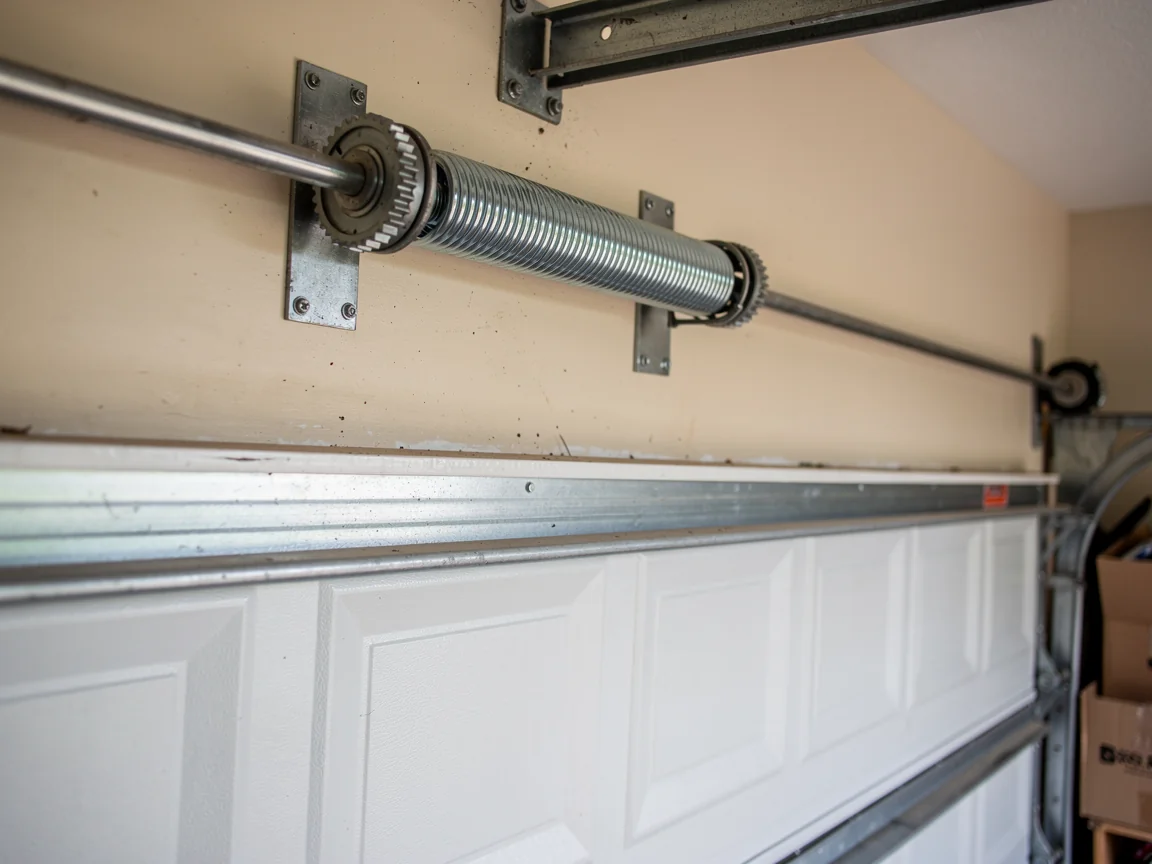 The torsion spring and shaft are mounted above a white garage door.